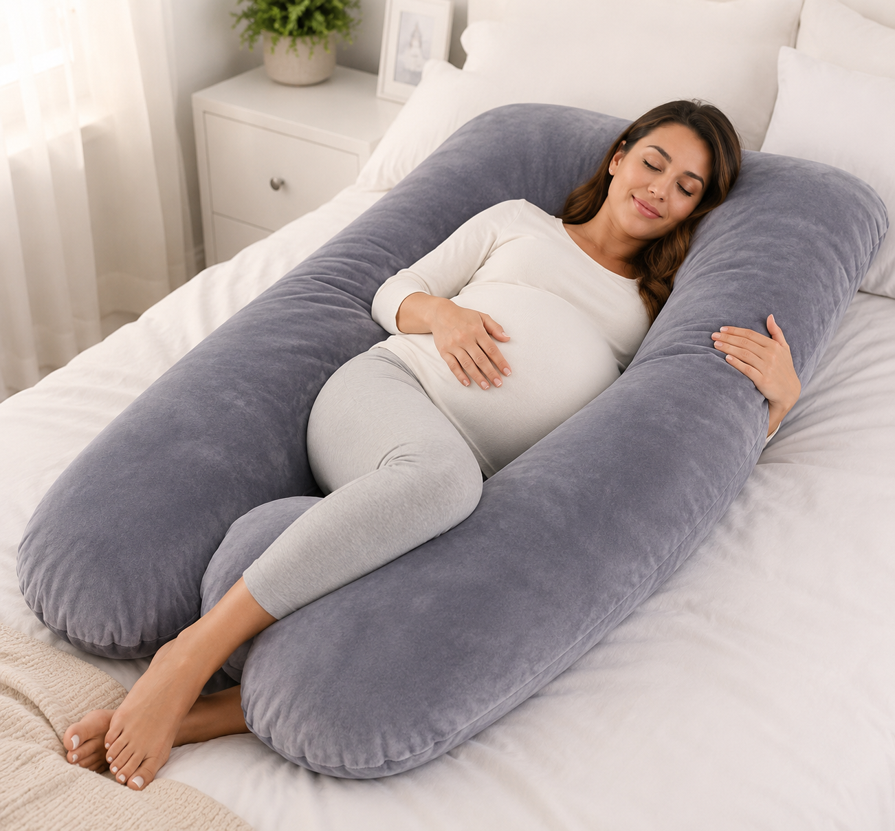 Pregnant woman sleeping peacefully hugging the Nimbus cloud pillow